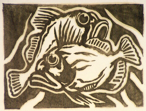 Artist: b'Stephen, Clive.' | Title: b'(Two fish)' | Date: c.1950 | Technique: b'linocut, printed in black ink, from one block'