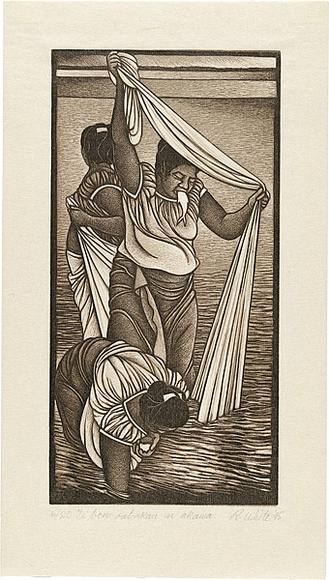 Artist: b'White, Robin.' | Title: b'Ti bon rabakau n akawa' | Date: 1995 | Technique: b'woodcut, printed in sepia ink, from two blocks'