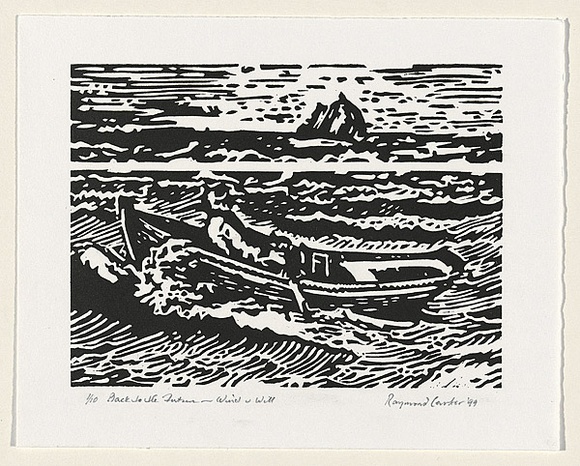 Artist: b'Carter, Ray.' | Title: b'Back to the future - wind & will' | Date: 1999 | Technique: b'linocut, printed in black ink, from one block'