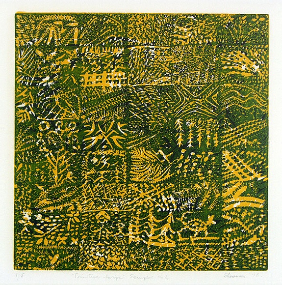 Artist: b'Shearer, Mitzi.' | Title: b'Primitive design (sampler no.2)' | Date: 1978 | Technique: b'linocut, printed in colour, from three blocks'