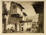 Artist: b'LINDSAY, Lionel' | Title: b'A street in Guadalupe' | Date: 1927 | Technique: b'drypoint, printed in brown ink with plate-tone, from one plate' | Copyright: b'Courtesy of the National Library of Australia'