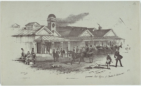 Artist: GILL, S.T. | Title: General Post Office, Bourke st Melbourne | Date: 1854 | Technique: lithograph, printed in black ink, from one stone