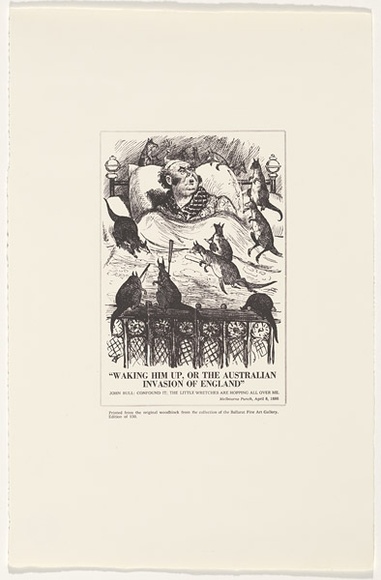 Artist: UNKNOWN | Title: Waking him up, or the Australian invasion of England | Date: 1886, April | Technique: wood-engraving, printed in black ink, from one block