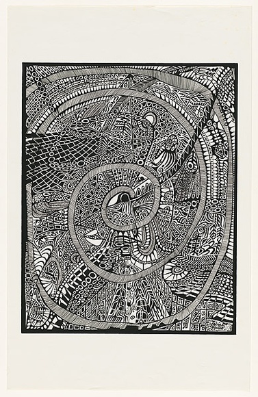 Artist: b'Dickson, Jim.' | Title: b'not titled [black and white surreal composition, large spiral throughout and fish lower left corner].' | Date: 1970-1990 | Technique: b'screenprint, printed in black ink, from one stencil'