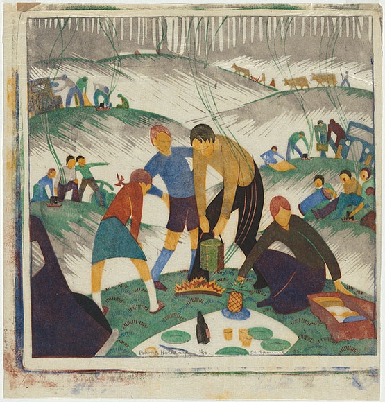 Artist: b'Spowers, Ethel.' | Title: b'Bank holiday.' | Date: 1935 | Technique: b'linocut, printed in colour, from six blocks (yellow ochre, cobalt blue, reddish brown, green, grey, black)'