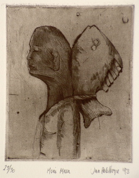 Artist: b'Palethorpe, Jan' | Title: b'Moai Maea' | Date: 1993 | Technique: b'etching and aquatint, printed in sepia ink, with plate-tone, from one plate'