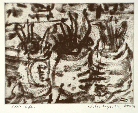 Artist: b'Senbergs, Jan.' | Title: b'Still life' | Date: 1992 | Technique: b'etching and softground, printed in black ink from one plate' | Copyright: b'\xc2\xa9 Jan Senbergs'