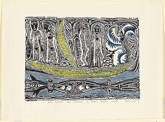 Artist: b'Nona, Dennis.' | Title: b'Headhunting and Trading in Torres Strait Island' | Date: 1992 | Technique: b'linocut, printed in black ink, from one block; hand coloured a la coupe [wet on wet technique]' | Copyright: b'Courtesy of the artist and the Australia Art Print Network'