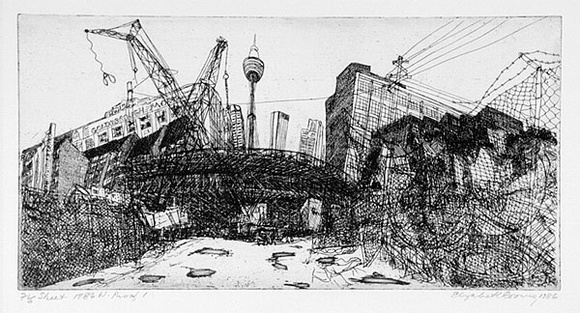 Artist: b'Rooney, Elizabeth.' | Title: b'Fig Street 1986' | Date: 1986 | Technique: b'etching, aquatint printed in black ink with plate-tone, from one  plate'