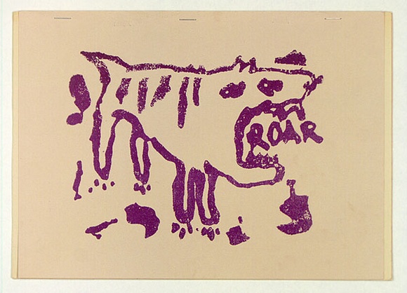 Artist: b'HOWSON, Mark' | Title: b'Roar Studios opening show, exhibition catalogue,1982' | Date: 1982 | Technique: b'screenprint, printed in purple ink, from one stencil'