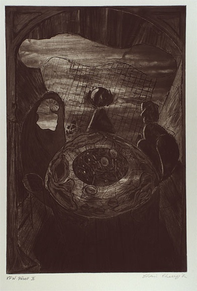 Artist: b'CHERRY, Chris' | Title: b'not titled [figurative forms gathered around a cylindrical object in dark cavern].' | Date: 1982 | Technique: b'etching, printed in brown ink from one plate'