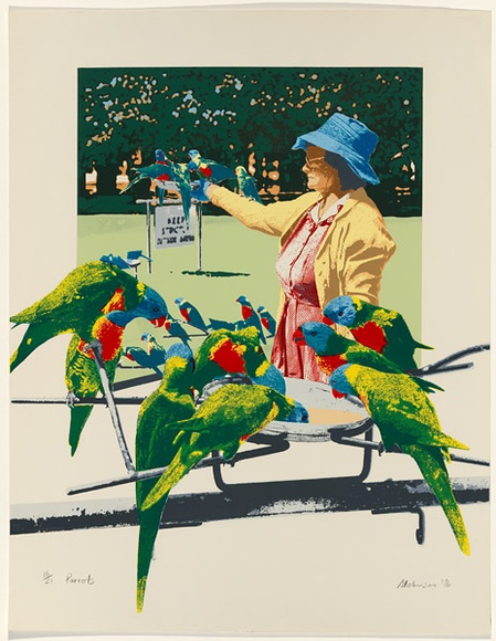 Artist: b'Robinson, Sally.' | Title: b'Parrots' | Date: 1976 | Technique: b'photo-screenprint and screenprint, printed in colour, from multiple stencils' | Copyright: b'Represented by Robin Gibson, Sydney, AGOG in Canberra & Editions Gallery, Melbourne'