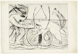 Artist: b'BOYD, Arthur' | Title: b'Figure with beast and moth over water.' | Date: (1968-69) | Technique: b'drypoint, printed in black ink, from one plate' | Copyright: b'Reproduced with permission of Bundanon Trust'