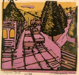Artist: b'ROSENGRAVE, Harry' | Title: b'Belgrave rail [2].' | Date: 1952 | Technique: b'linocut, printed in colour, from four blocks'