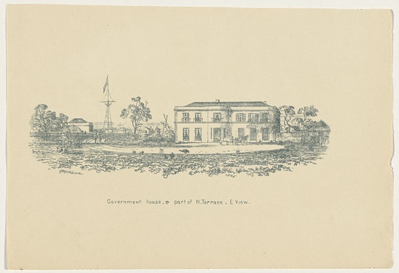 Title: b'Government House & part of N. Terrace. E view' | Date: c.1880s | Technique: b'transfer-lithograph, printed in dark green, from one stone [or plate]'