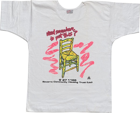 Artist: b'REDBACK GRAPHIX' | Title: b'T-shirt: Need somewhere to put this?.' | Date: 1985 | Technique: b'screenprint, printed in colour, from multiple stencils'