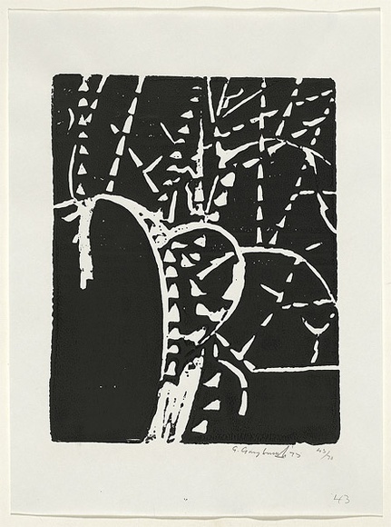 Artist: b'Grey-Smith, Guy' | Title: b'River gum' | Date: 1975 | Technique: b'linocut, printed in black ink, from one block'