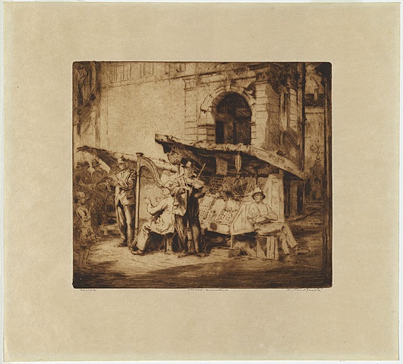 Artist: b'van RAALTE, Henri' | Title: b'The street musicians.' | Date: 1920 | Technique: b'drypoint, printed in brown ink with plate-tone, from one plate'