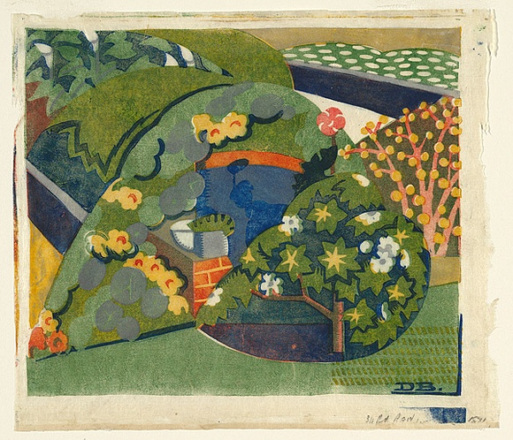 Artist: b'Black, Dorrit.' | Title: b'Corner of the garden.' | Date: c.1936 | Technique: b'linocut, printed in colour,  from five blocks (yellow ochre, vermilion, viridian, cobalt blue, grey)'