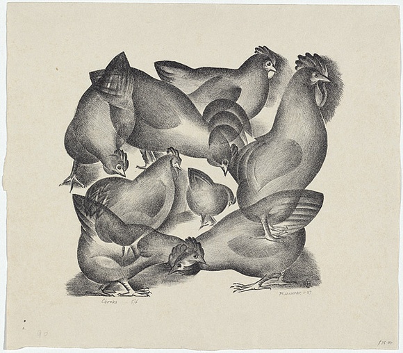 Artist: b'Hinder, Frank.' | Title: b'Chooks' | Date: 1947 | Technique: b'lithograph, printed in black ink, from one stone'