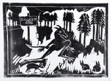 Artist: Stevenson, Elizabeth. | Title: not titled [Kangaroo and small animals in pine forest]. [Poster for Environment Protest Street Exhibition and Street Theatre, | Date: (1976) | Technique: linocut, printed in black ink, from one block
