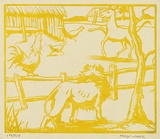Artist: b'Voke, May.' | Title: b'(The intruder in the farmyard)' | Date: 1937 | Technique: b'linocut, printed in yellow ink, from one block'