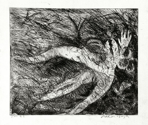 Artist: b'BOYD, Arthur' | Title: b'Nude with shark headed beast (Diana and Actaeon).' | Date: (1962-63) | Technique: b'etching and aquatint, printed in black ink, from one plate' | Copyright: b'Reproduced with permission of Bundanon Trust'