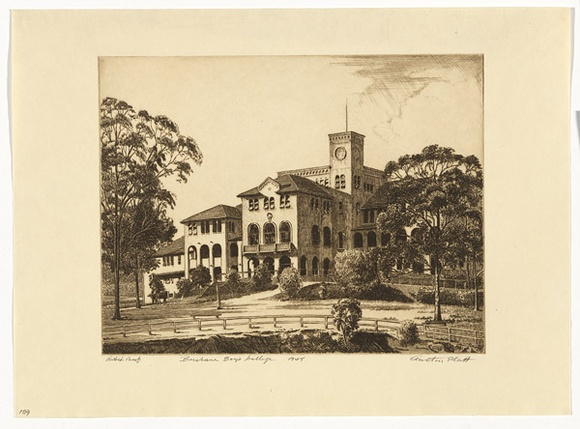 Artist: b'PLATT, Austin' | Title: b'Brisbane Boys College' | Date: 1945 | Technique: b'etching, printed in black ink, from one plate'