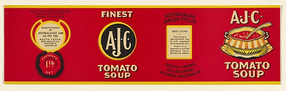 Artist: b'UNKNOWN' | Title: b'Label: A.J.C. tomato soup' | Date: c.1920 | Technique: b'lithograph, printed in colour, from multiple stones [or plates]'