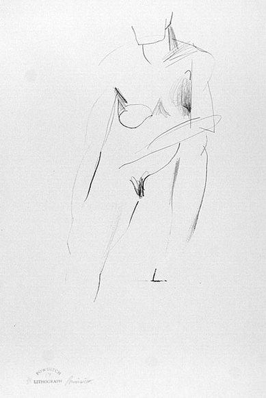 Artist: b'Powditch, Peter.' | Title: b'not titled [standing female nude - raised knee supporting elbow]' | Date: c.1972 | Technique: b'lithograph, printed in black ink, from one plate'