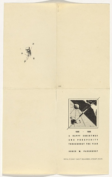 Artist: b'Annand, Douglas.' | Title: b'Christmas card for Roger W. Parkhurst, Royal Sydney Yacht Squadron.' | Date: 1935 | Technique: b'letterpress, printed in black ink' | Copyright: b'\xc2\xa9 A.M. Annand'