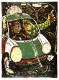 Artist: b'King, Peter.' | Title: b'Two wild men in a taxi' | Date: 12 May 1985 | Technique: b'linocut, printed in colour, from mutliple blocks'