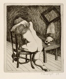 Artist: Laspargis, Paul. | Title: no title [Nude in room with skull] | Date: 1969 | Technique: line-engraving, printed in black ink, from one copper plate