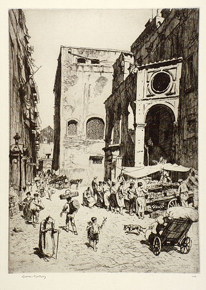 Artist: b'LINDSAY, Lionel' | Title: b'Little market, San Gaetano, Naples' | Date: 1927 | Technique: b'etching, foulbiting, printed in black ink with plate-tone, from one plate' | Copyright: b'Courtesy of the National Library of Australia'