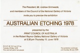 Artist: b'PRINT COUNCIL OF AUSTRALIA' | Title: b'Invitation | Australian etching 1978 presented by the Print Council of Australia. Melbourne: National Gallery of Victoria, 15 June - 30 July 1978.' | Date: 1978