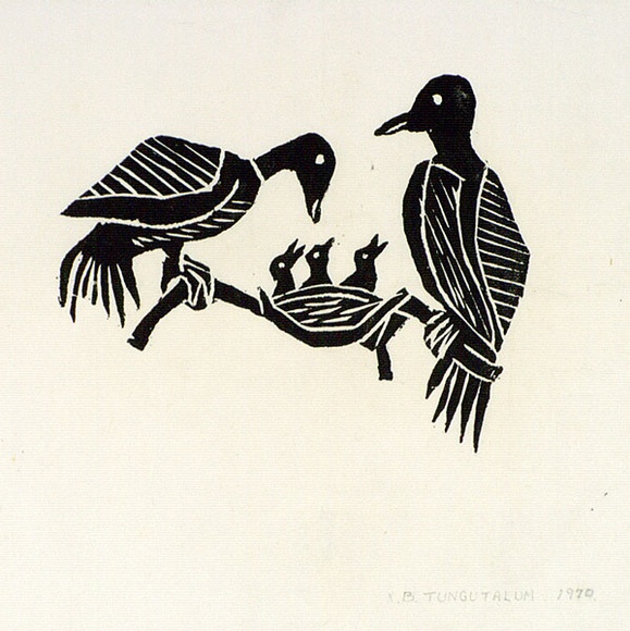Artist: TUNGUTALUM, Bede | Title: Two birds at nest | Date: 1970 | Technique: woodcut, printed in black ink, from one block