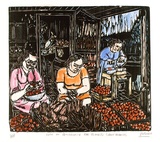 Artist: ZOFREA, Salvatore | Title: Life in Australia. The tomato sauce makers. | Date: 1989 | Technique: woodcut, printed in black, from one block; hand-coloured | Copyright: © Salvatore Zofrea, 1989