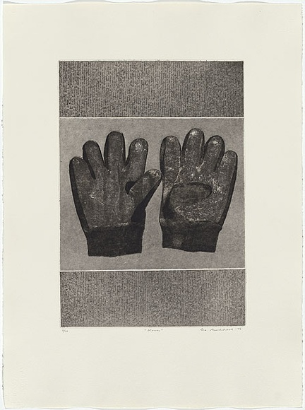 Artist: b'MADDOCK, Bea' | Title: b'Gloves' | Date: 1976, October | Technique: b'softground etching, etching, engraving and aquatint, printed in black ink, from two plates'