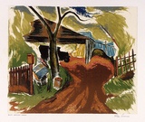 Artist: b'Sumner, Alan.' | Title: b'Mount Macedon garage' | Date: 1947 | Technique: b'screenprint, printed in colour, from 10 stencils'
