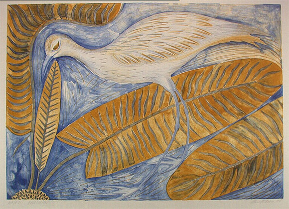 Artist: b'McMahon, Marie.' | Title: b'Wayayi bush curlew' | Date: 1988, December | Technique: b'lithograph, printed in colour, from multiple stones' | Copyright: b'\xc2\xa9 Marie McMahon. Licensed by VISCOPY, Australia'