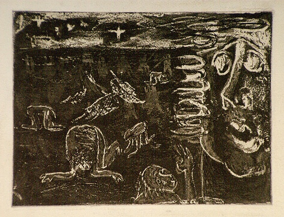 Artist: b'Barwell, Jennifer.' | Title: b'(The watchful eye).' | Date: c.1954 | Technique: b'sugar aquatint, printed in brown ink from one  plate'