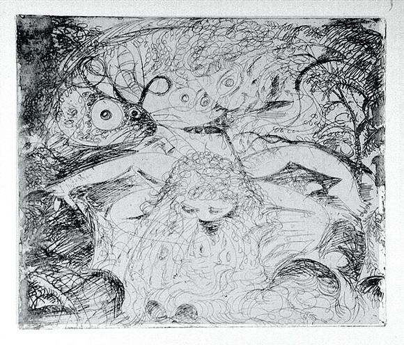 Artist: b'BOYD, Arthur' | Title: bNude washing in a creek with watching head and ram's head. | Date: (1962-63) | Technique: b'etching, printed in black ink, from one plate' | Copyright: b'Reproduced with permission of Bundanon Trust'