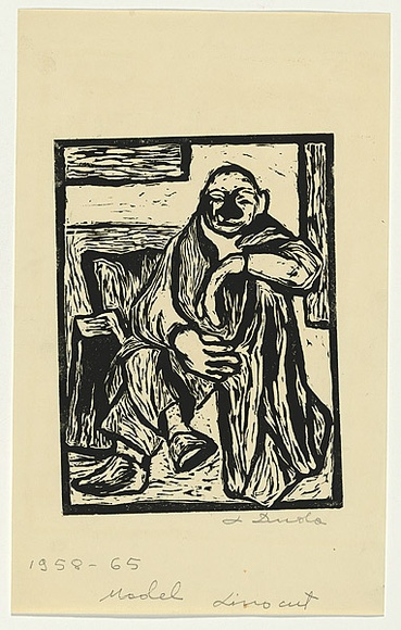 Artist: b'Groblicka, Lidia.' | Title: b'Model [old man seated]' | Date: 1958 | Technique: b'linocut, printed in black ink, from one block'