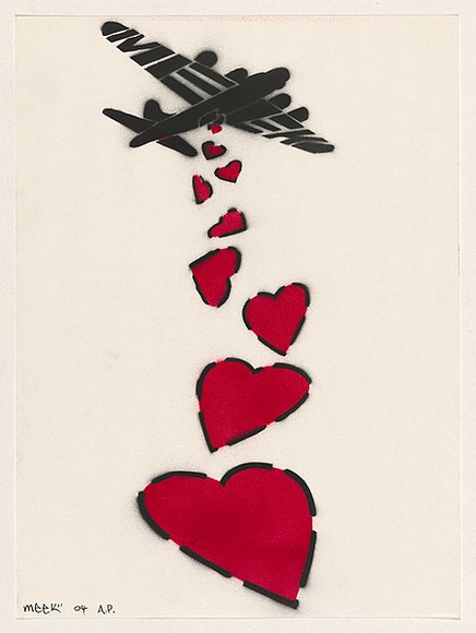 Artist: b'Meek.' | Title: b'Love bomber.' | Date: 2004 | Technique: b'stencil, printed in black and red ink, from two stencils'