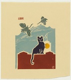 Title: b'not titled [cat sitting on wall with flying mice]' | Date: 1981 | Technique: b'linocut, printed in colour, from five blocks'