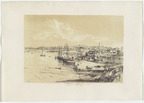 Artist: b'PROUT, John Skinner' | Title: bCampbell's Warf, Sydney Cove. | Date: 1842 | Technique: b'lithograph, printed in colour, from two stones (black and brown tint stone); letterpress text'