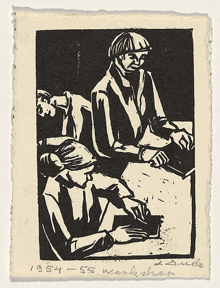 Artist: Groblicka, Lidia. | Title: Workshop | Date: 1954-55 | Technique: woodcut, printed in black ink, from one block