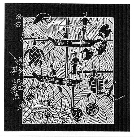 Artist: b'Marika, Banduk.' | Title: b'Miyapunawu Narrunan (Turtle hunting Bremer Island)' | Technique: b'linocut, printed in black ink, from one block'