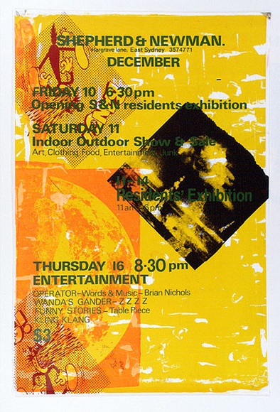 Artist: b'MERD INTERNATIONAL' | Title: b'Poster: Shepherd and Newman, December Opening S and N residents exhibition' | Date: 1984 | Technique: b'screenprint'