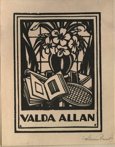 Artist: b'FEINT, Adrian' | Title: b'Bookplate: Valda Allan.' | Date: (1927) | Technique: b'wood-engraving, printed in black ink, from one block' | Copyright: b'Courtesy the Estate of Adrian Feint'